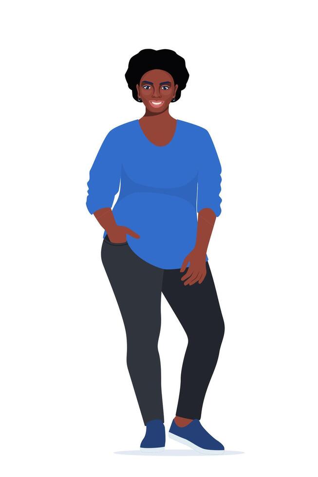 Body positive black woman. Plus size female character. Attractive curvy, overweight girl. Oversize obesity, pretty large lady in beautiful fashionable clothes. illustration. vector