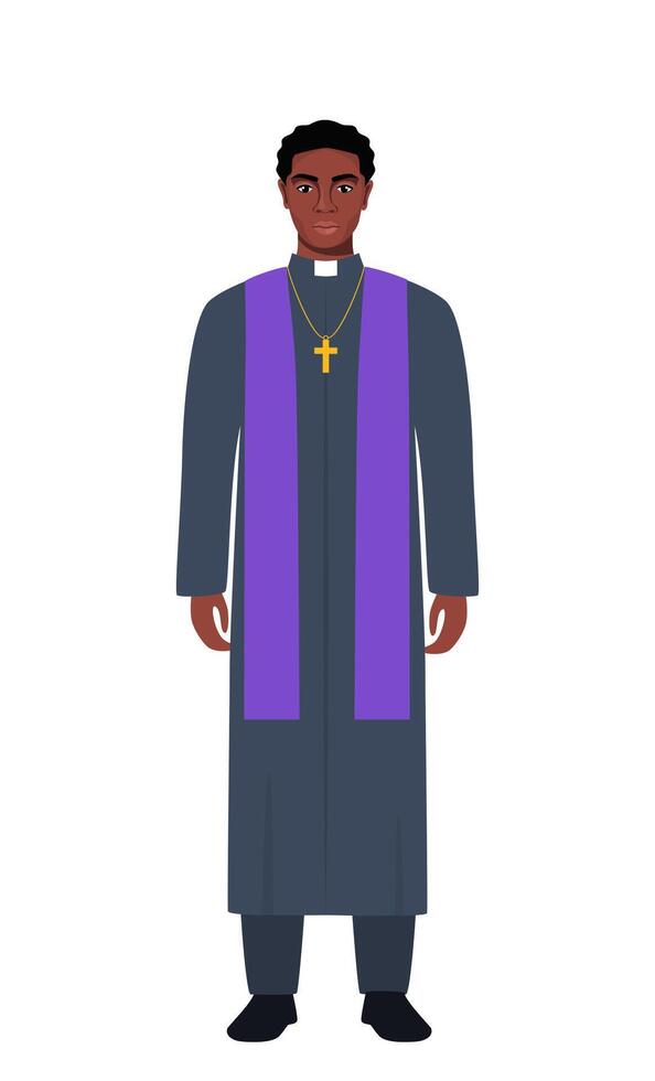 Catholic priest stands tall. African American Catholic priest in a cassock with a cross. illustration. vector
