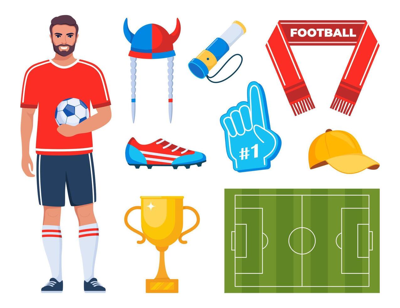 Football game and fan attributes. Soccer cheer accessories. Football match, competition, championship. Set of elements for soccer, football sport event. illustration. vector