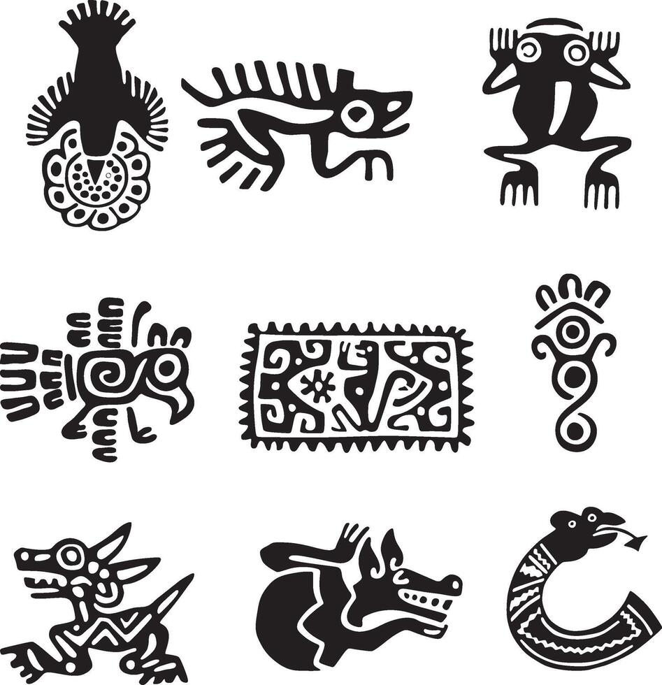 set of monochrome Indian symbols. National ornament of native americans, aztecs, maya, incas. vector