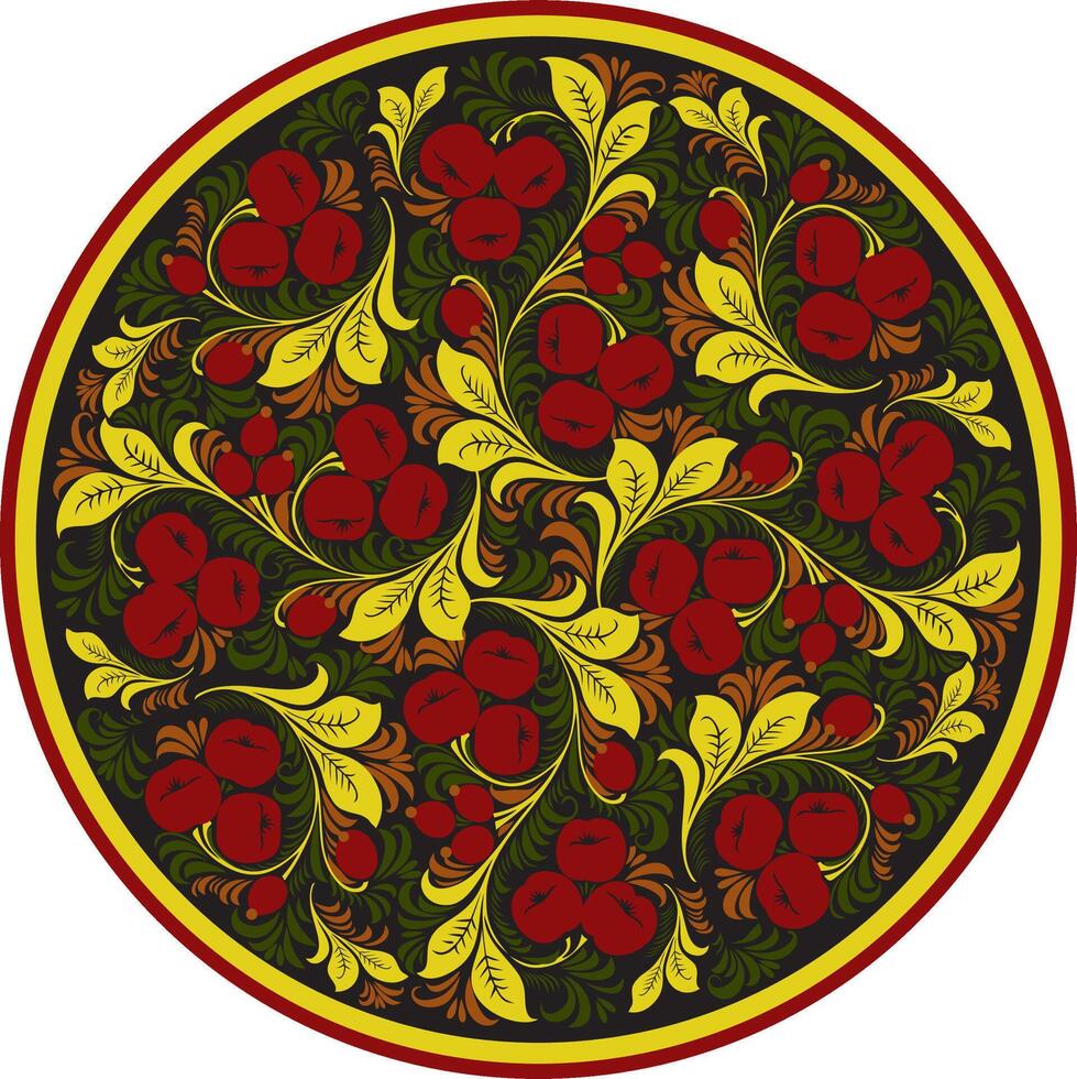 Russian folk circle Khokhloma. Round pattern of the Slavic peoples. Floral ornament. Painted tray vector