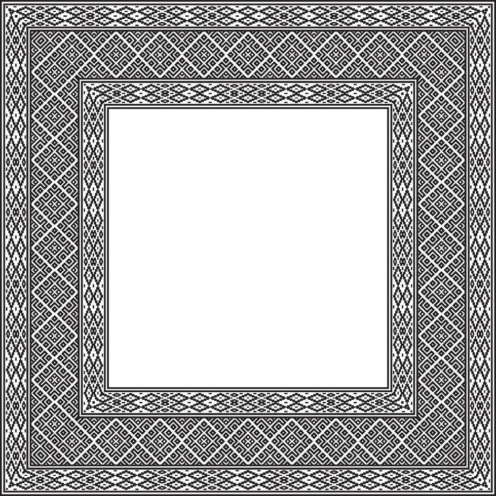 black monochrome square belarusian national ornament frame. Ethnic pattern rectangle of Slavic peoples, Russian, Ukrainian, Serb, Pole, Bulgarian. Cross stitch template vector