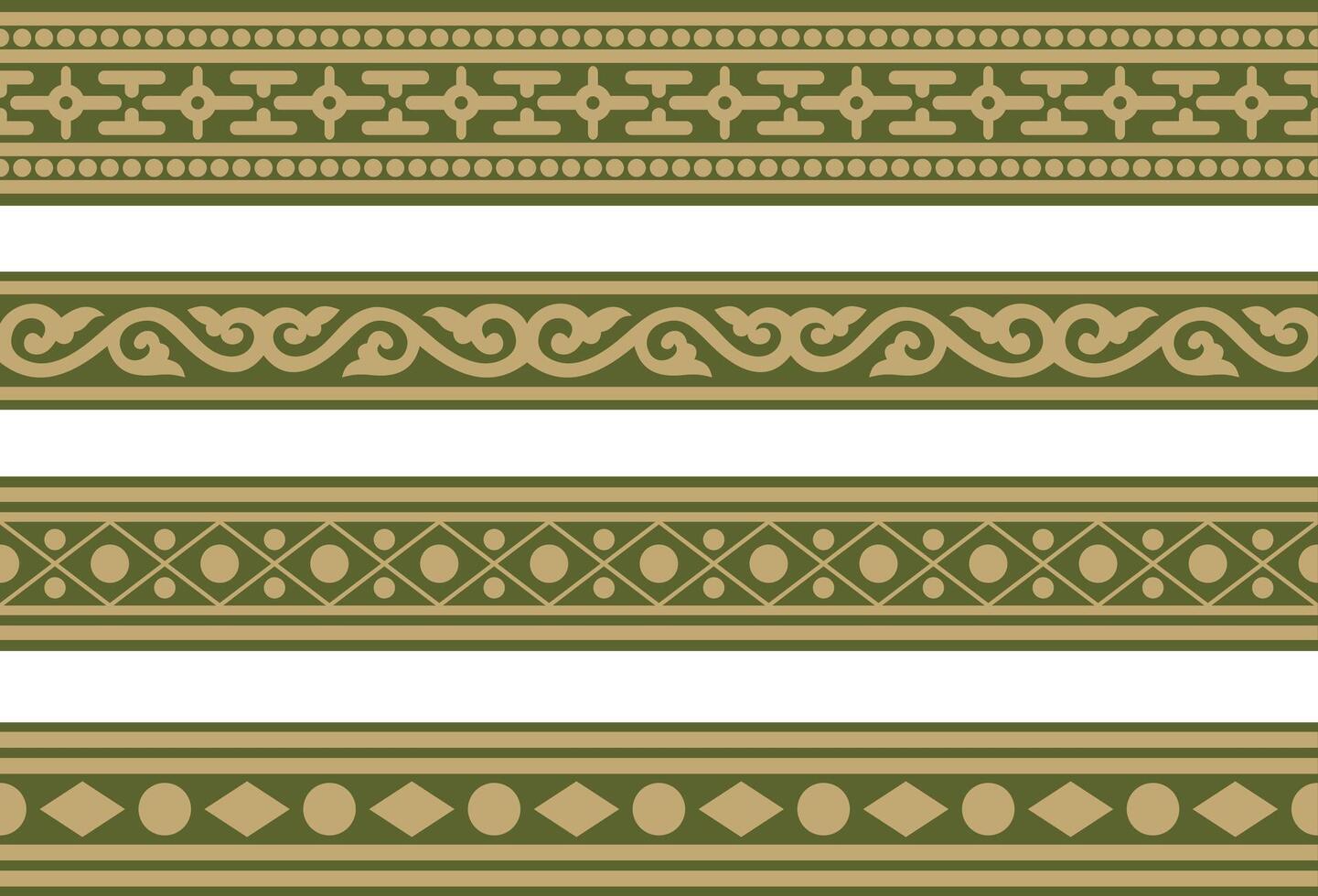 endless golden with green ancient Russian ornament. Seamless Slavic border, frame. Painting of the royal chambers. vector