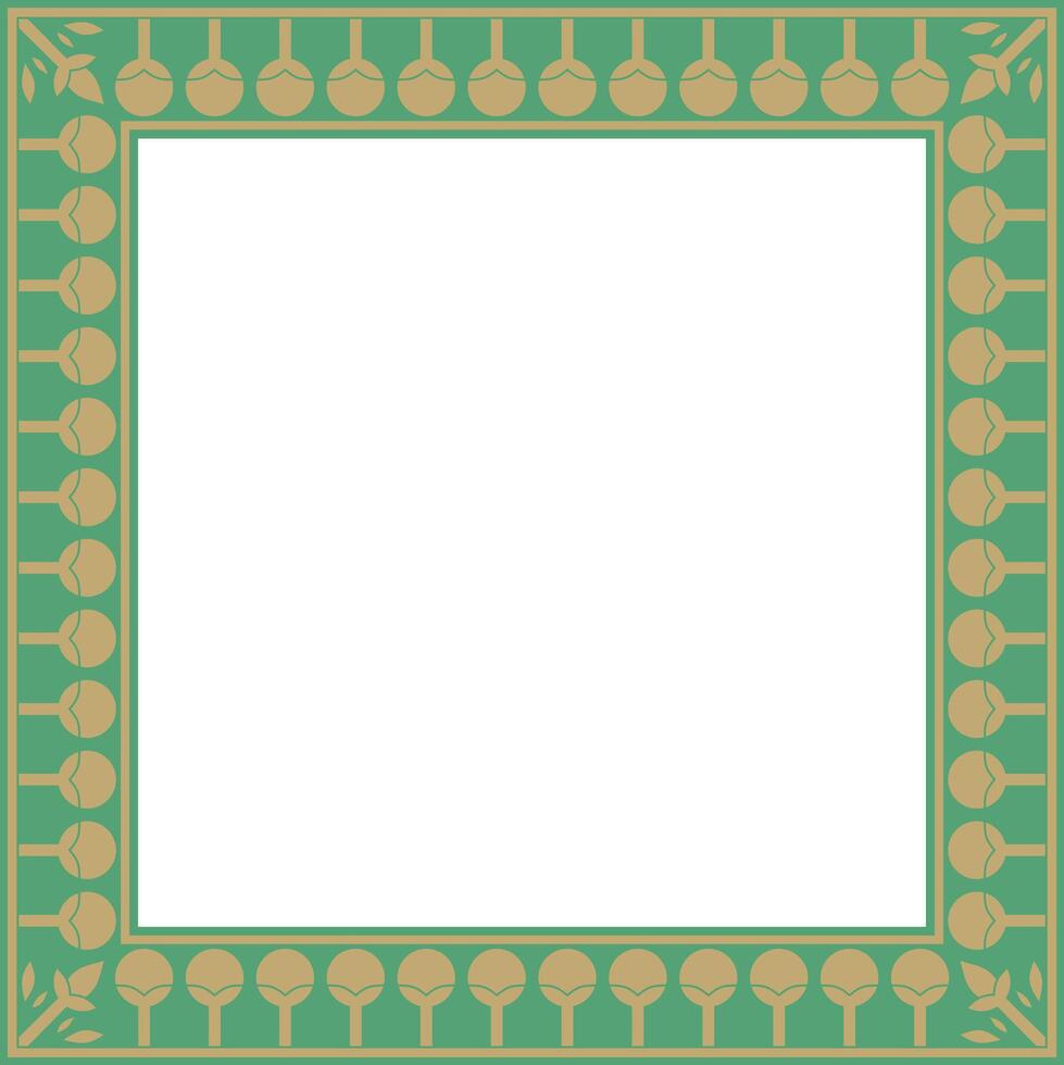 gold with green square Egyptian ornament. Rectangle, frame, ancient Egypt.Pattern of lotus flowers and sun vector
