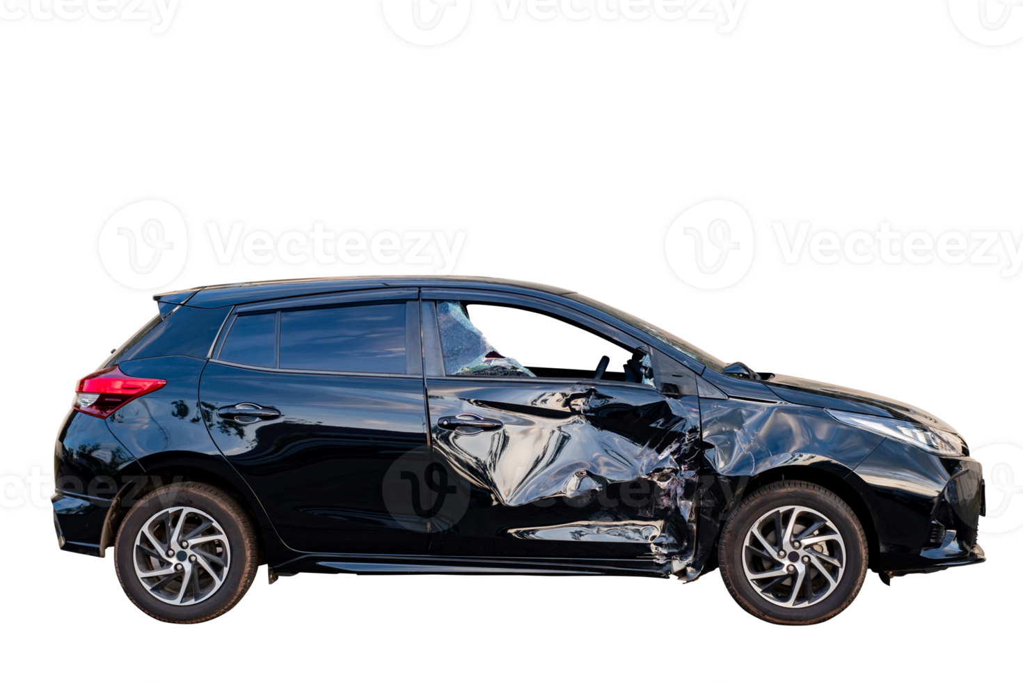 Car crash, Full body side view of black car get damaged by accident on the road. damaged cars after collision. Isolated on transparent background, car crash broken png