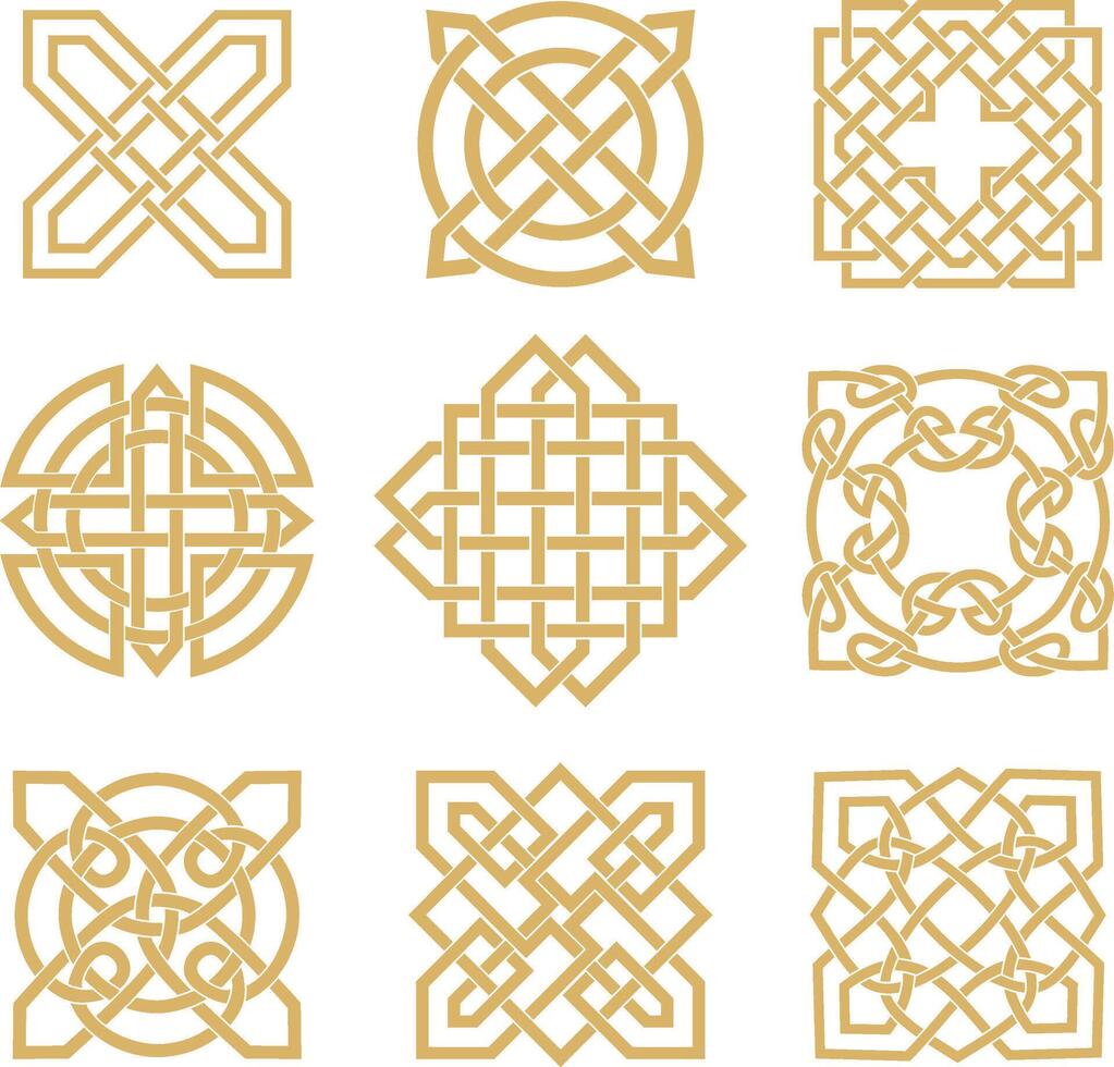 set of golden celtic knots. Ornament of ancient European peoples. The sign and symbol of the Irish, Scots, Britons, Franks. vector