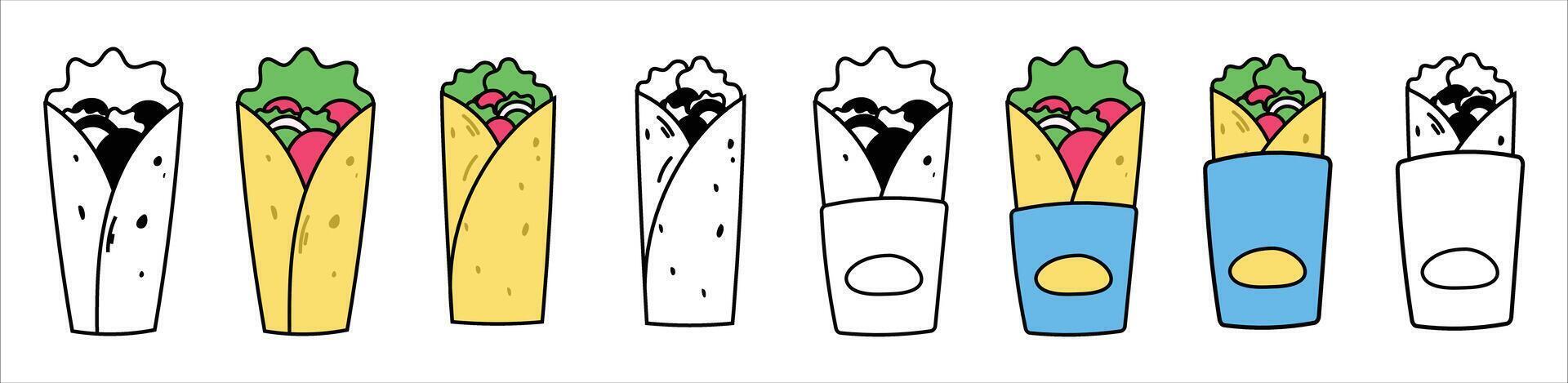 delicious kebab icon color and monochrome bundle set, shawarma middle east yummy food vector