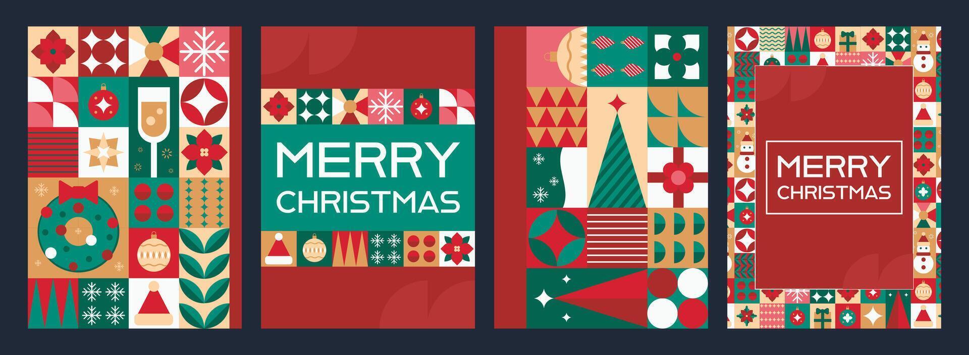 Christmas posters set with geometrical drawings, retro tile patterns with Holiday objects and patterns. illustration collection. vector