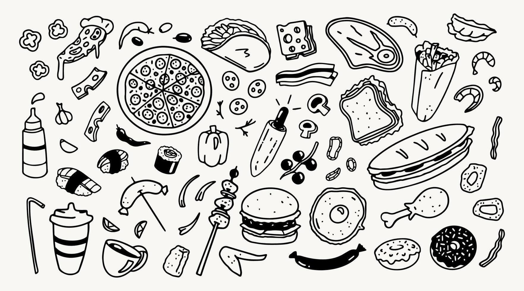 Food doodles, fast food, snacks and ingredients drawings, hand drawn graphic design elements, decorations for menus and websites. vector