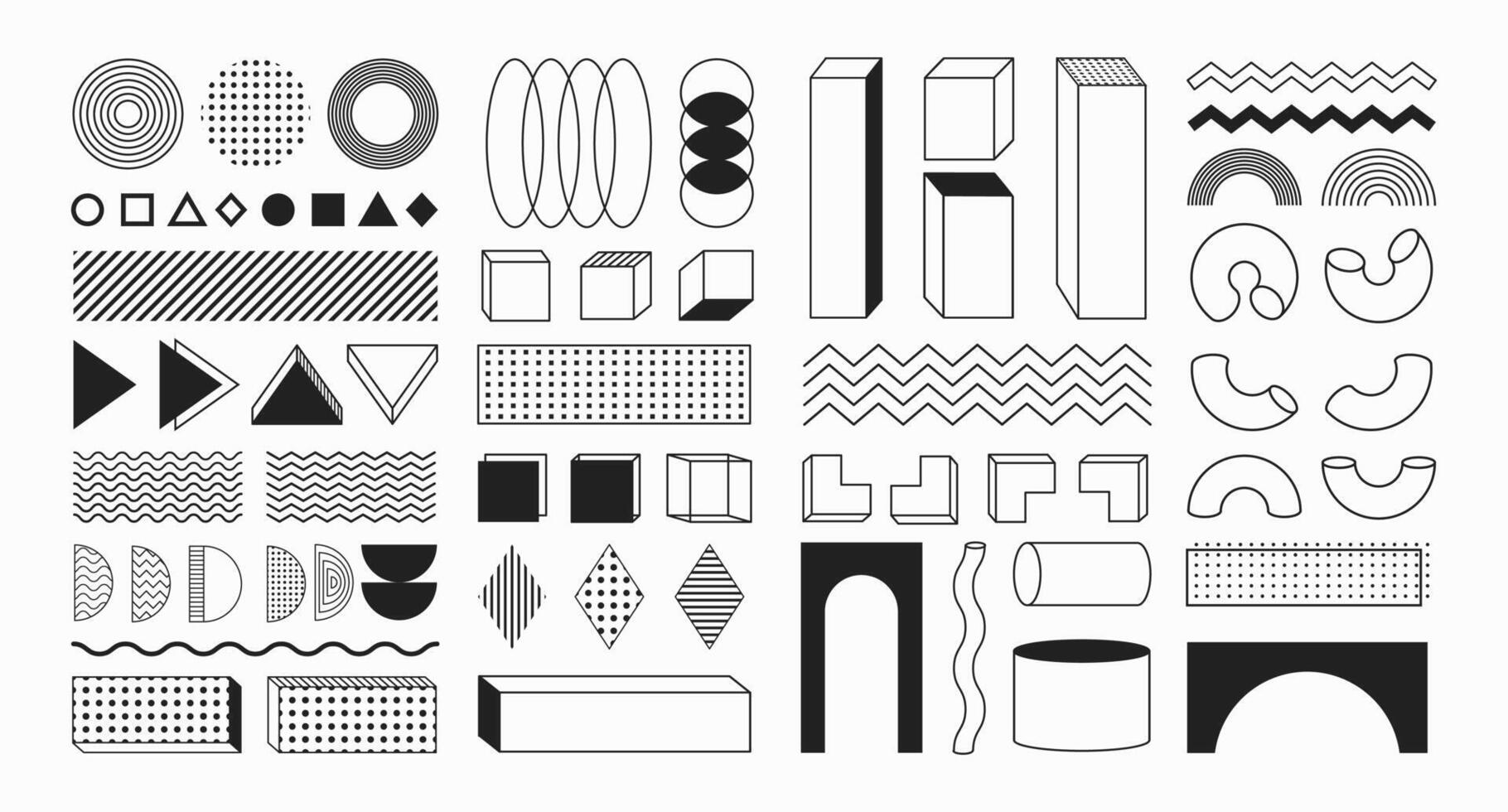 Memphis abstract shapes and forms, geometric flat and 3d figures, sticker set, retro decorative graphic elements. vector