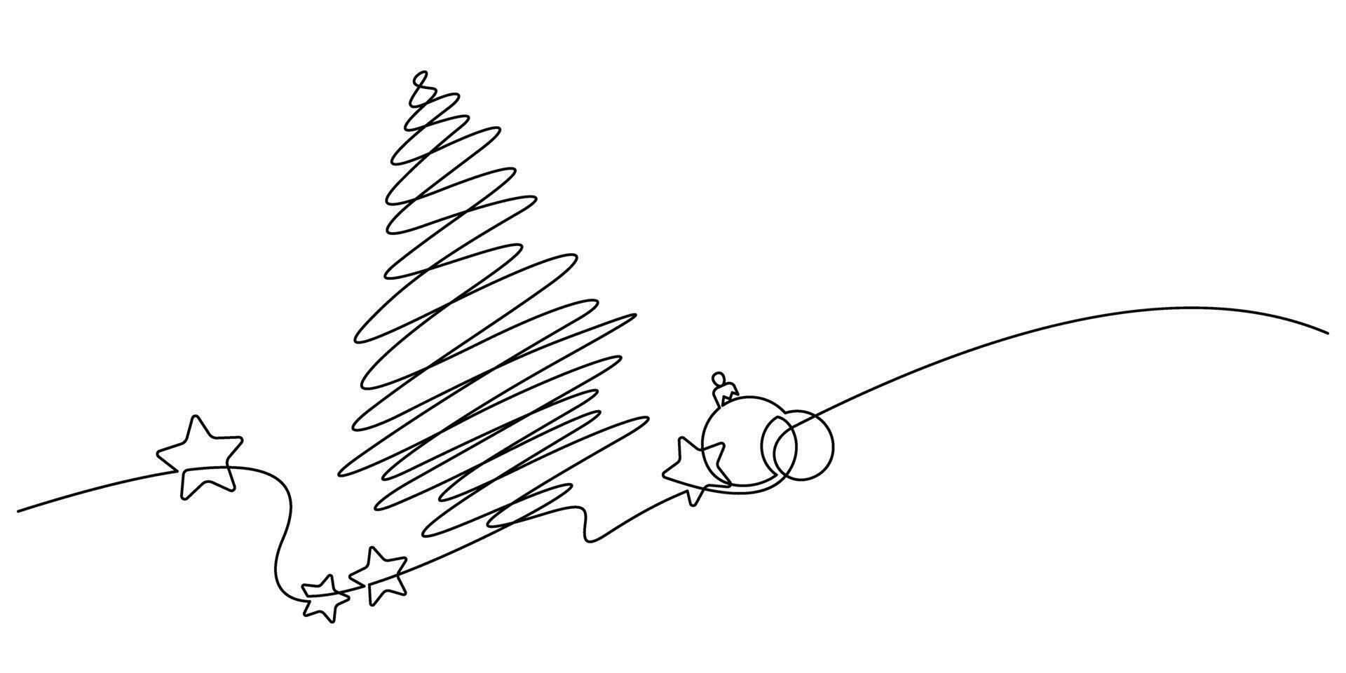 christmas tree decorate star and baubles one line drawing hand drawn minimalism vector