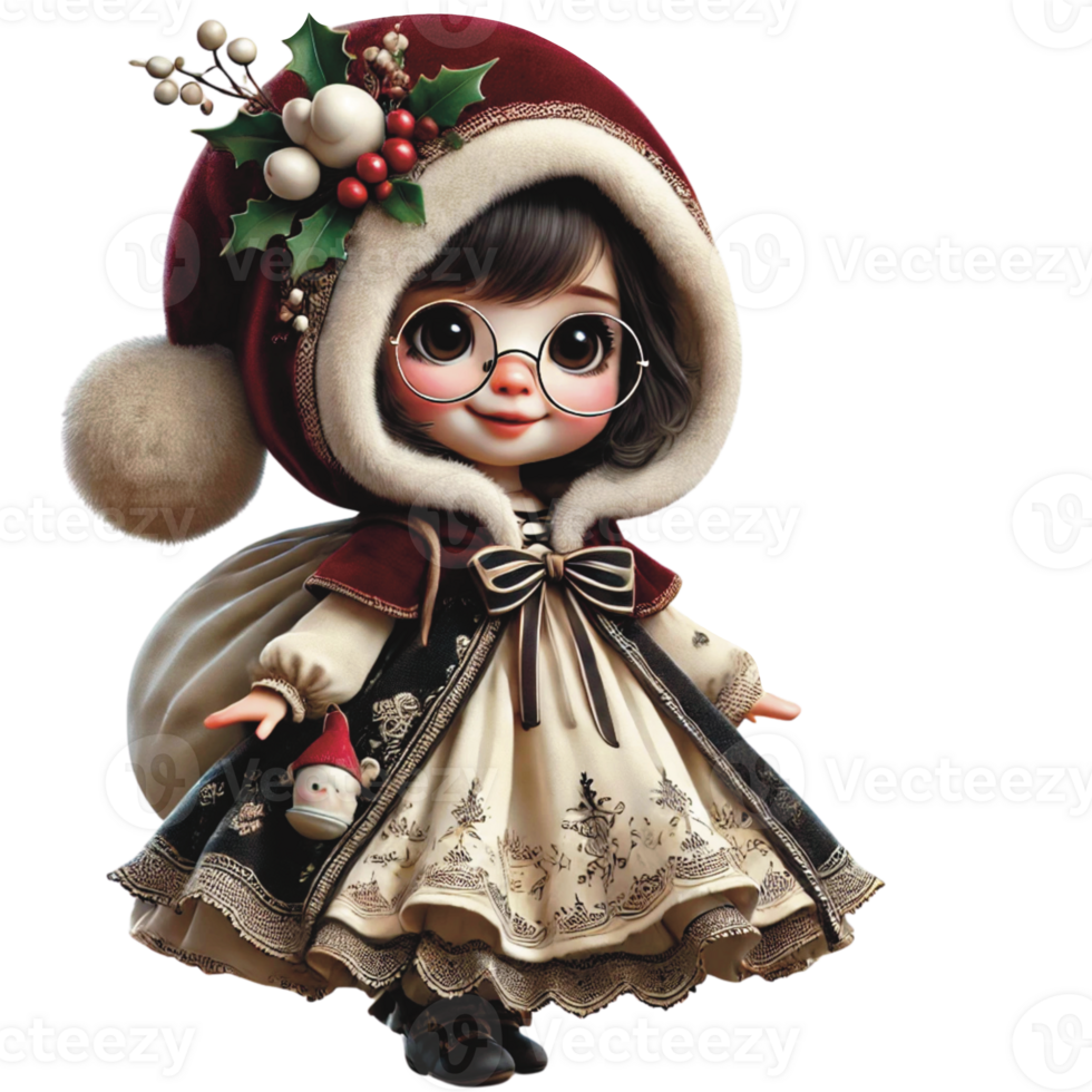 Cute Little Red Girl wearing glasses Decorative with Holly and berries for Christmas png