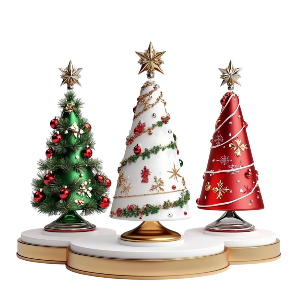 Three Christmas Trees On Pedestal with Gold And Silver Decorations Transparent Background. png