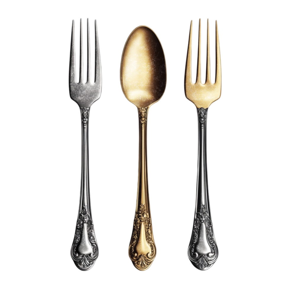 Three Silver And Gold Forks And spoons On a Transparent Background png