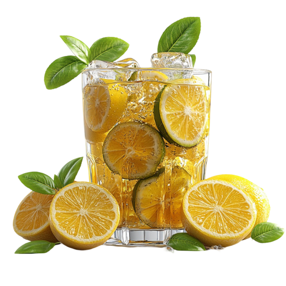 Lemonade With Ice And Lemon Slices Transparent Background. png