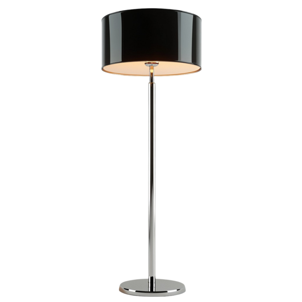 A Black Floor Lamp With a White Shade Transparent Background. png