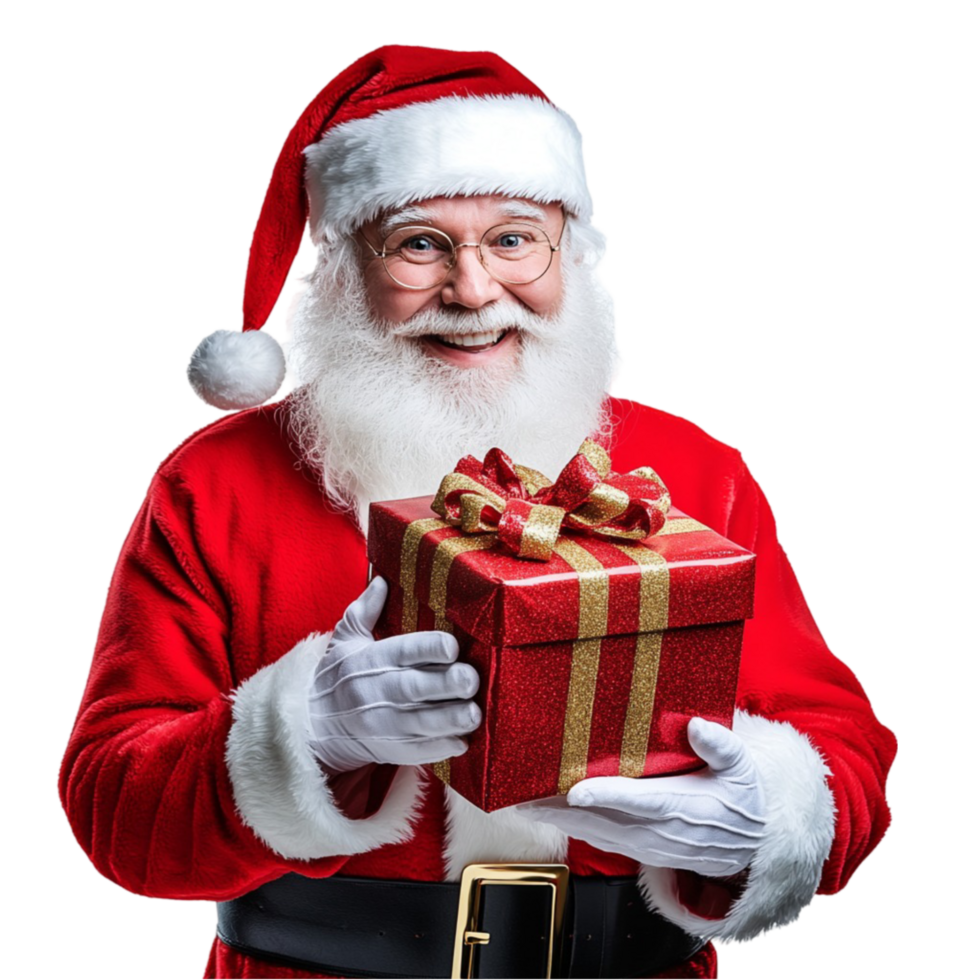 Santa Claus Holding A Gift Box On A Transparent Background. png