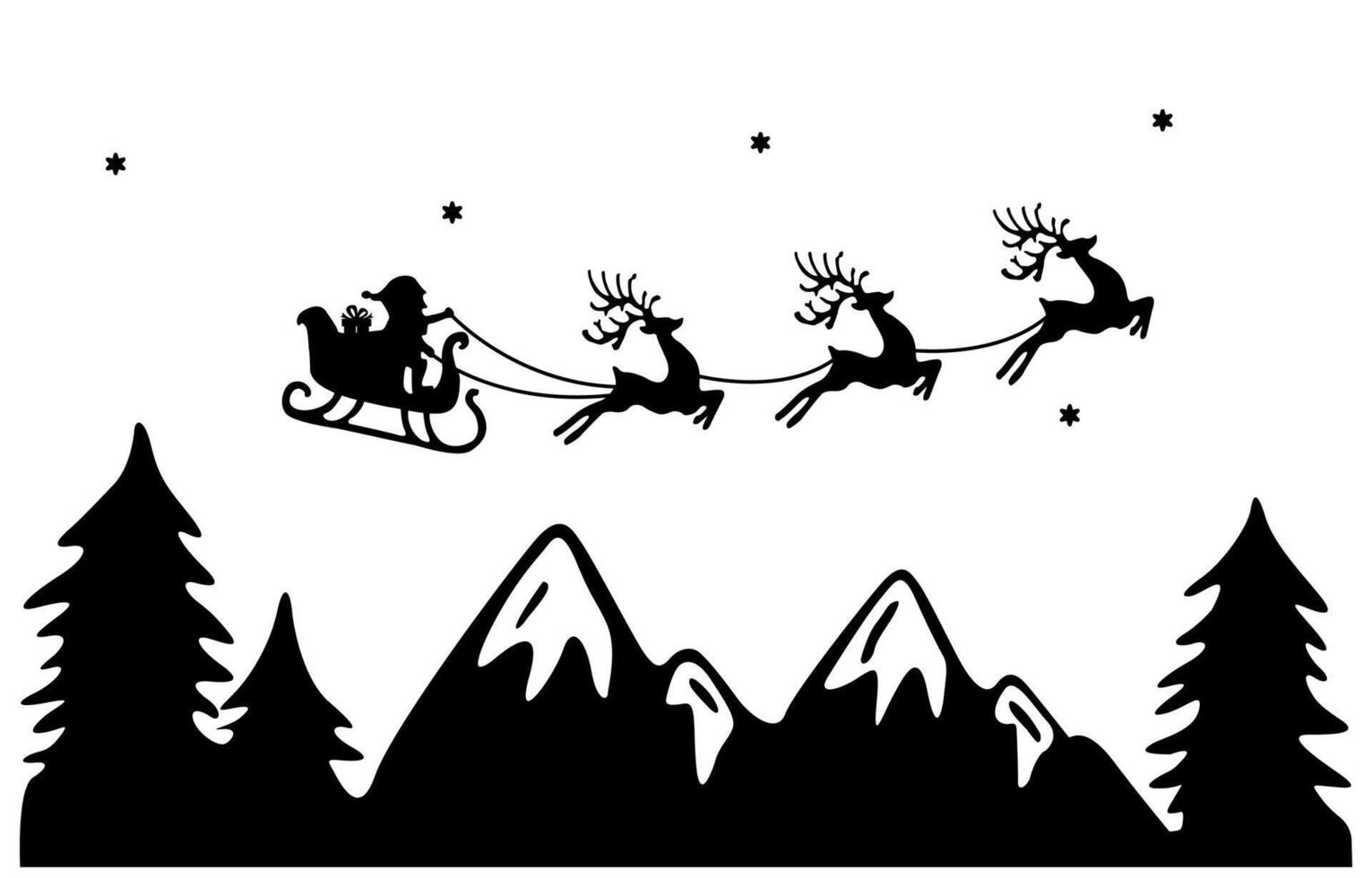 Santa Claus on a sleigh with reindeer. Black silhouette vector