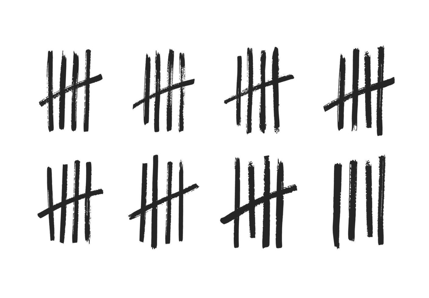 Lines or sticks hand drawn with brush strokes sorted by four and crossed out. Simple mathematical count visualization, prison or jail wall counter, tally marks. Monochrome illustration vector