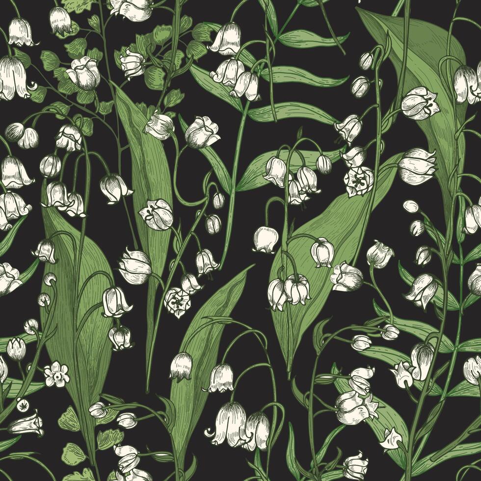 Botanical seamless pattern with beautiful blooming Lily of the valley flowers on black background. Natural backdrop with meadow flowering plant. Realistic illustration for wrapping paper vector