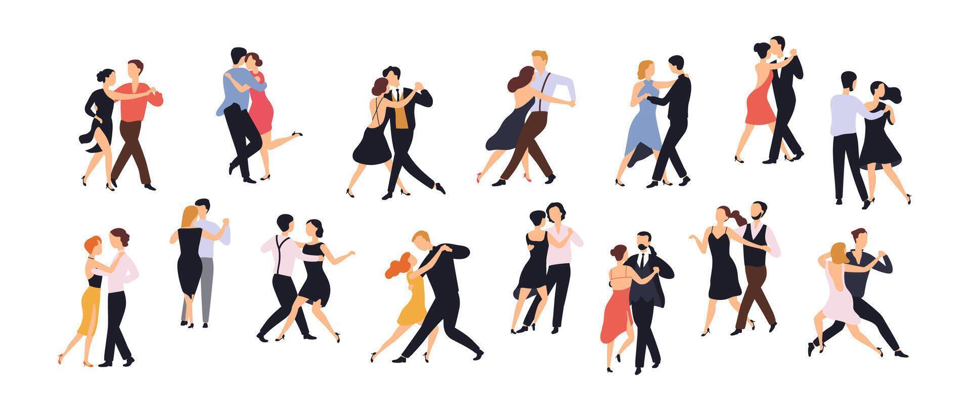 Collection of pairs of dancers isolated on white background. Men and women performing dance at school, studio, party. Male and female cartoon characters dancing tango at Milonga. illustration vector
