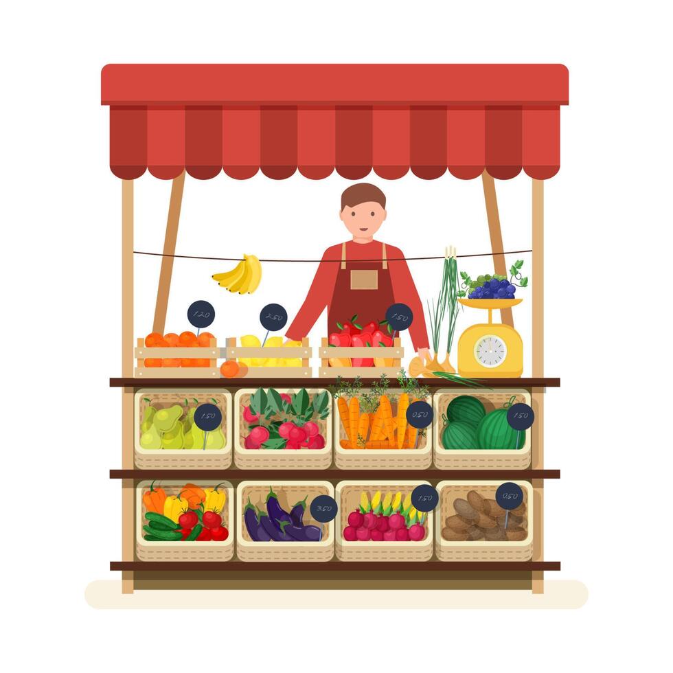 Man standing at counter of greengrocer's shop or marketplace and selling fruits and vegetables. Male seller at place for selling food products on local farmers' market. Flat illustration vector
