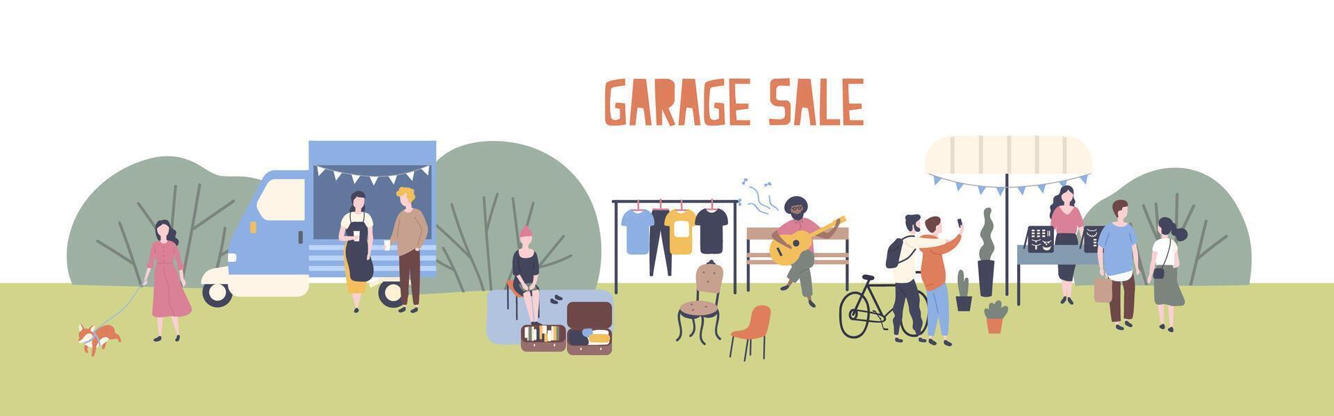 Horizontal web banner template for garage sale or outdoor festival with food van, men and women buying and selling goods at park. Flat cartoon colorful illustration for event advertisement vector