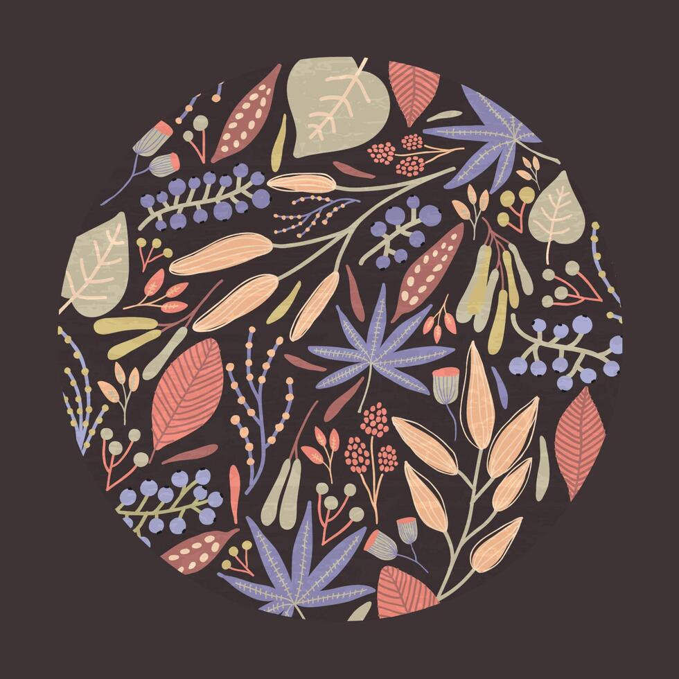 Round design element, decoration or circular backdrop composed of beautiful autumn leaves, berries and floral buds on black background. Botanical seasonal illustration in modern flat style vector