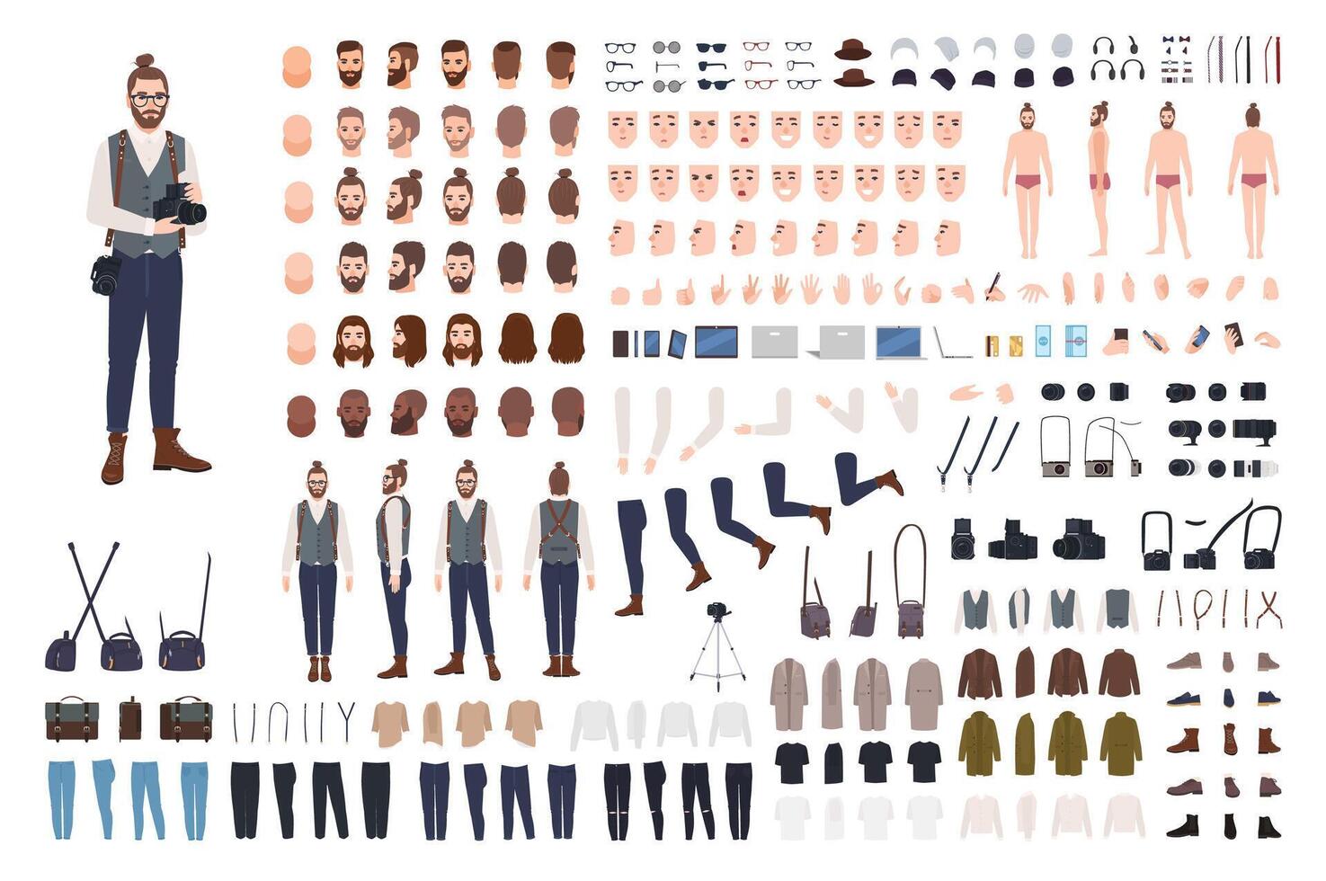 Photographer constructor set or DIY kit. Collection of male cartoon character body parts, facial expressions, clothes, digital and film photo cameras isolated on white background. illustration vector