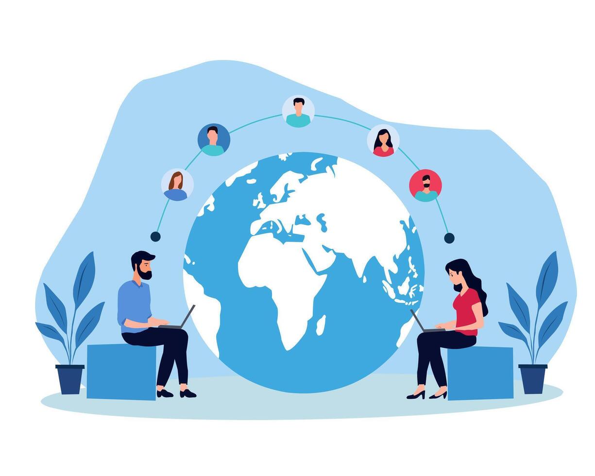 Flat illustration of two remote workers sitting with laptops, connected through a global network. Features a world map, avatars of colleagues, and blue-themed modern workspace elements vector