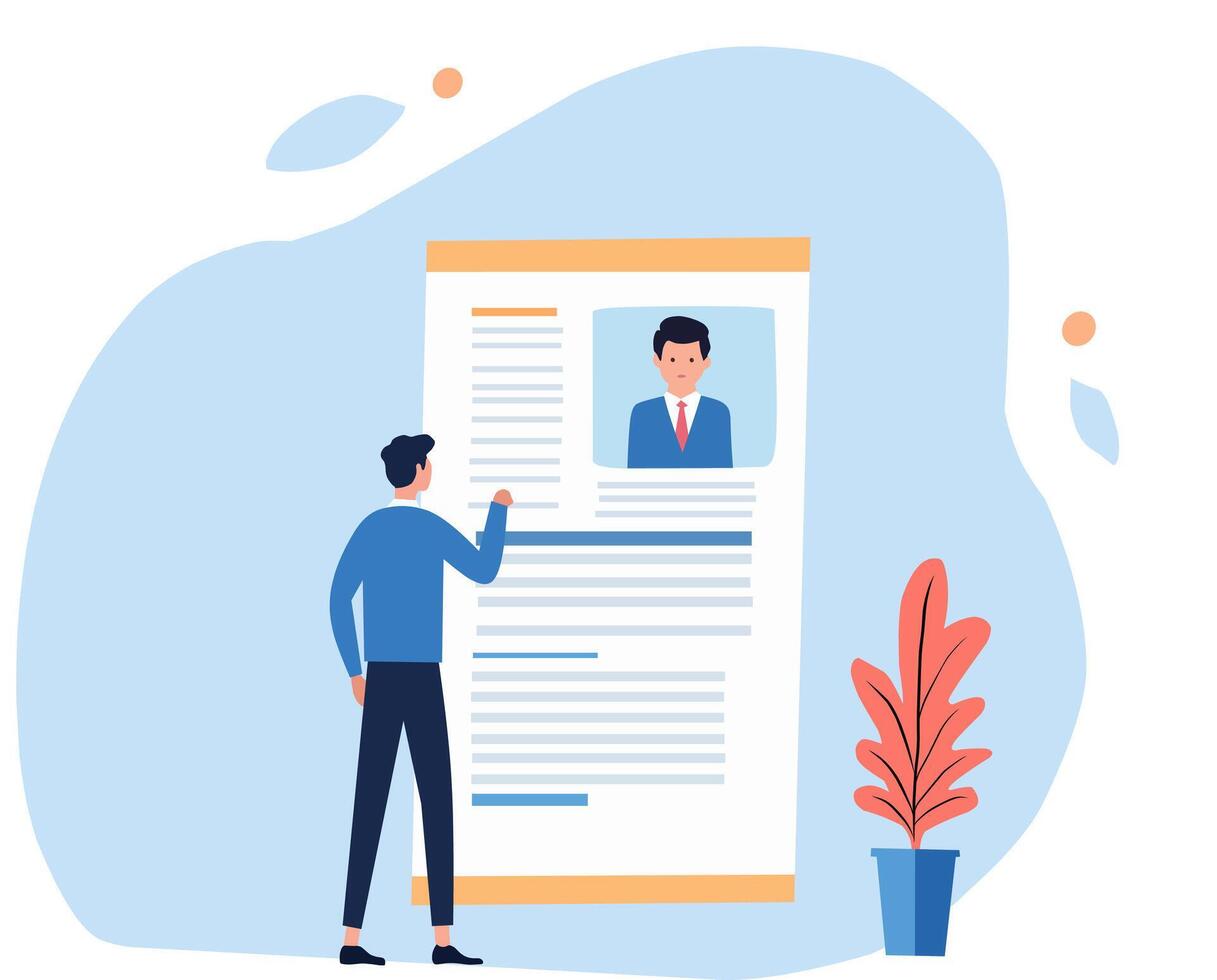 An illustration of a man analyzing a large resume or CV with a professional portrait. Perfect for job application, recruitment, HR, and career themes. Ideal for presentations, websites, and articles vector