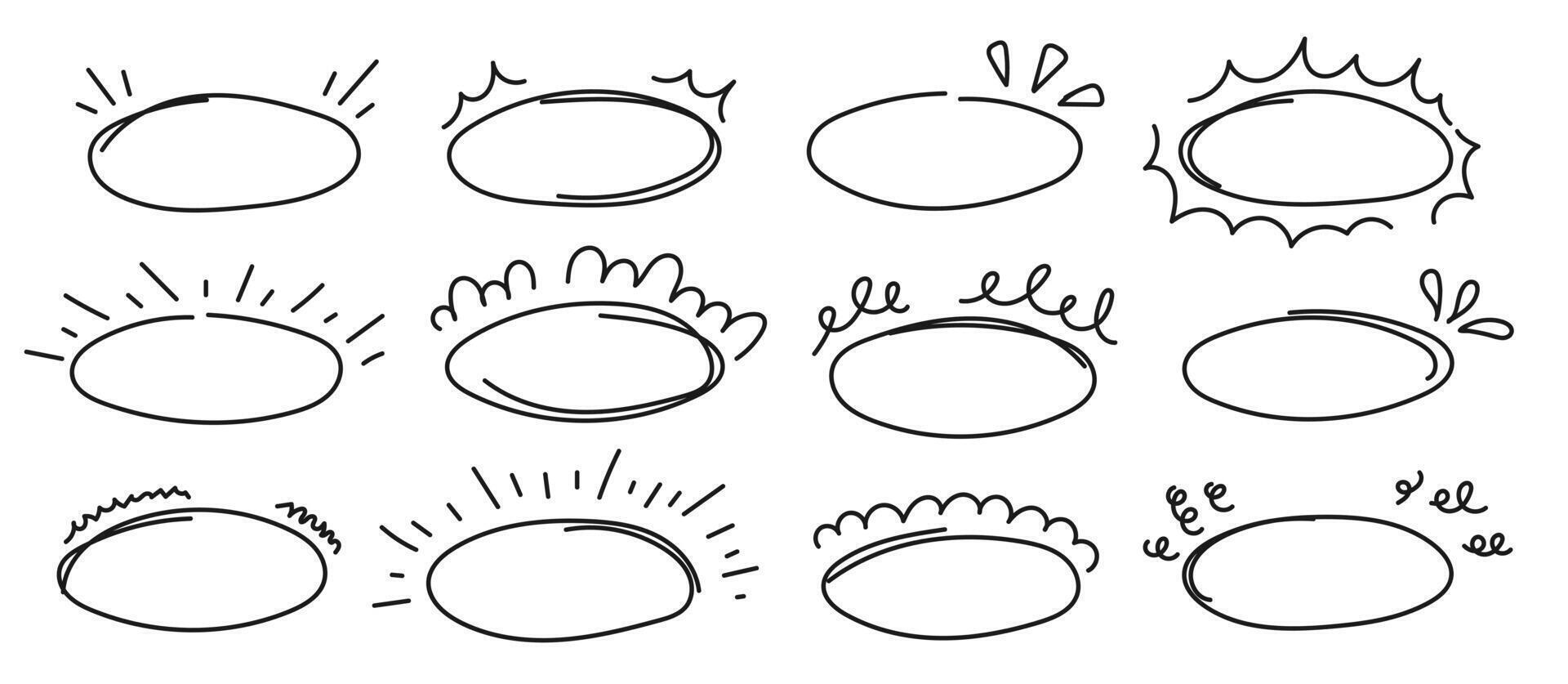 Doodle circle brackets for quotation with sparkle ray elements. Drawn speech oval with burst line. Design elements vector