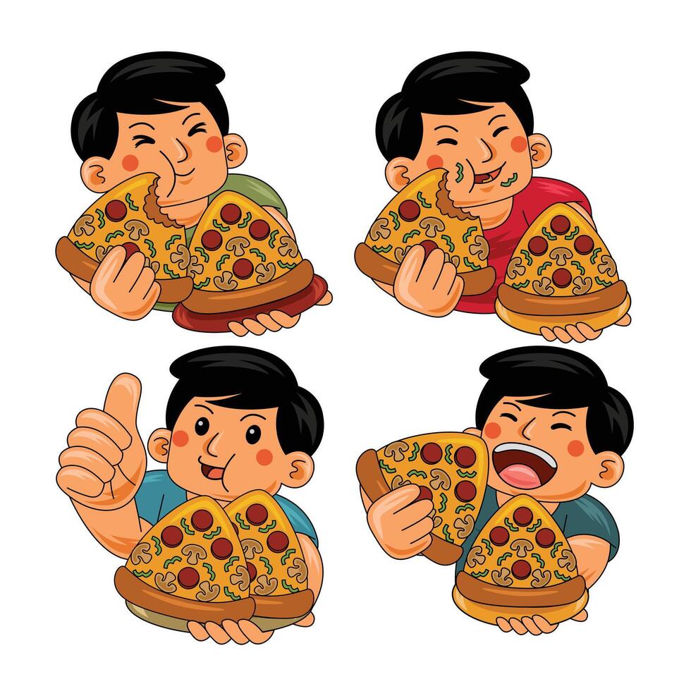 young man eating pizza illustration vector
