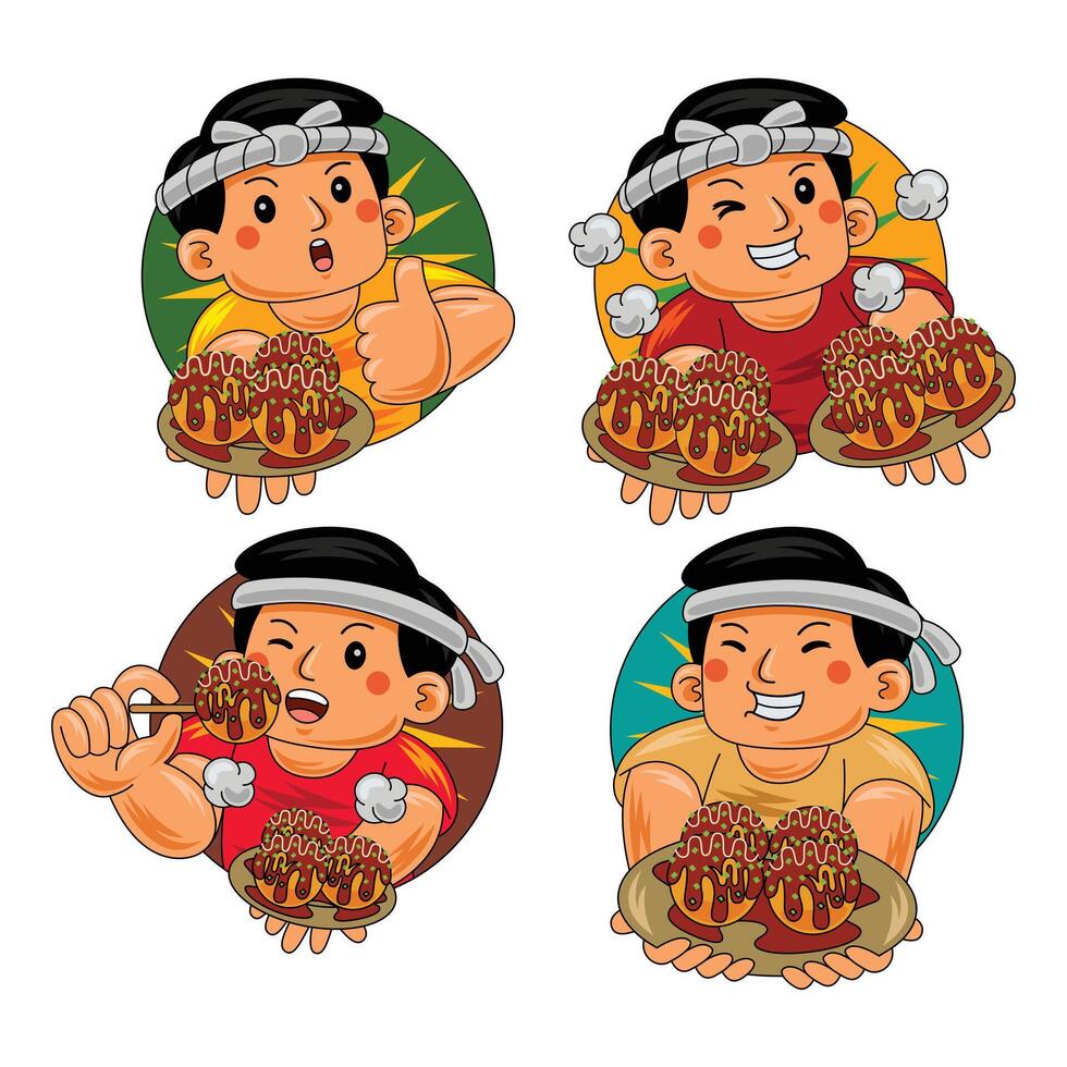 man eating takoyaki japan food illustration vector