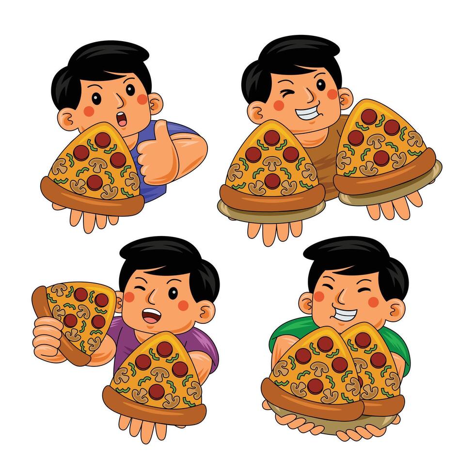 young man eating pizza illustration vector