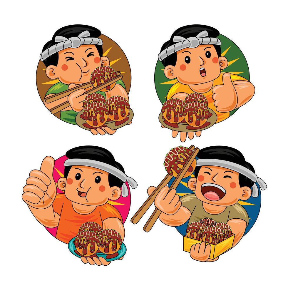 man eating takoyaki japan food illustration vector