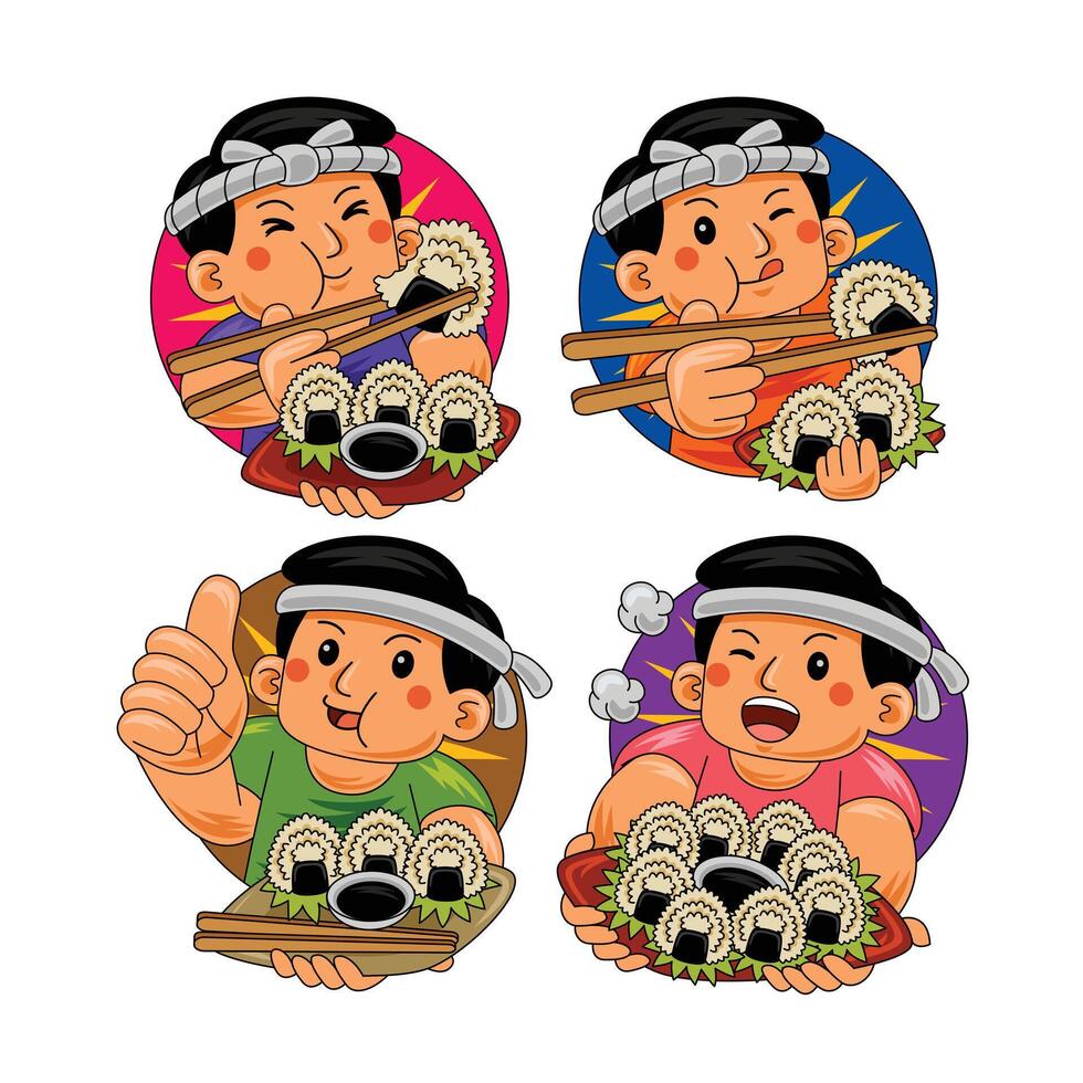 man eating onigiri japan food vector