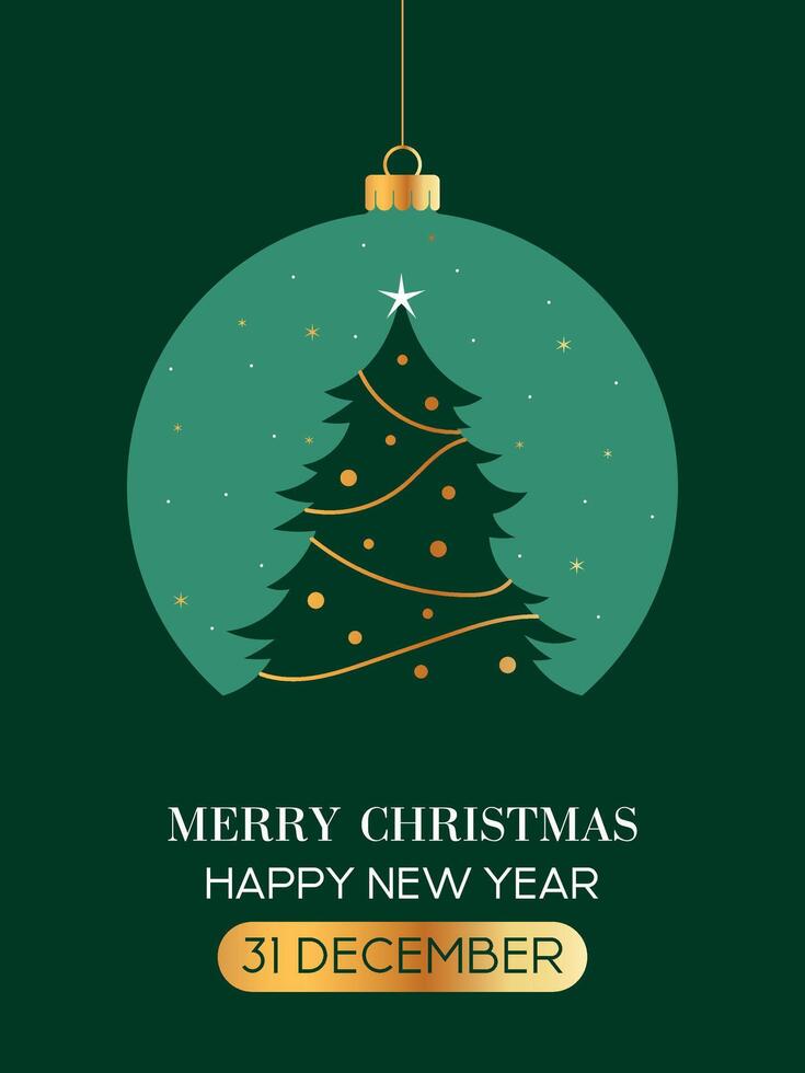 New Year Greeting Card, Christmas Tree In Ball With Golden Elements, Green Poster vector