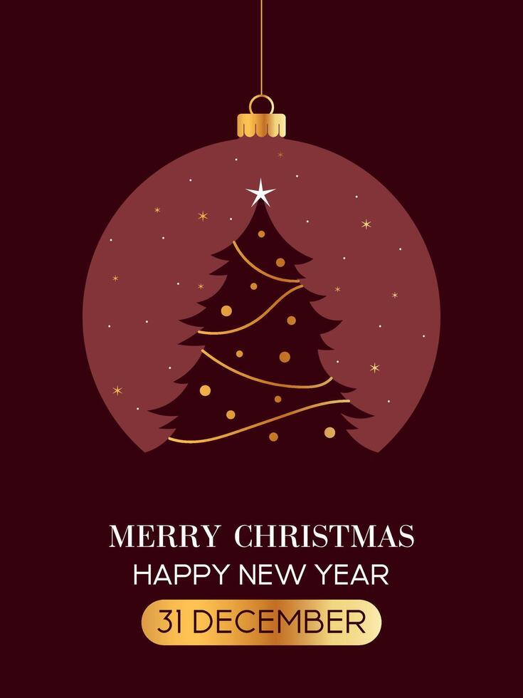 New Year Greeting Card, Christmas Tree In Ball With Golden Elements And Decor, Red Poster vector