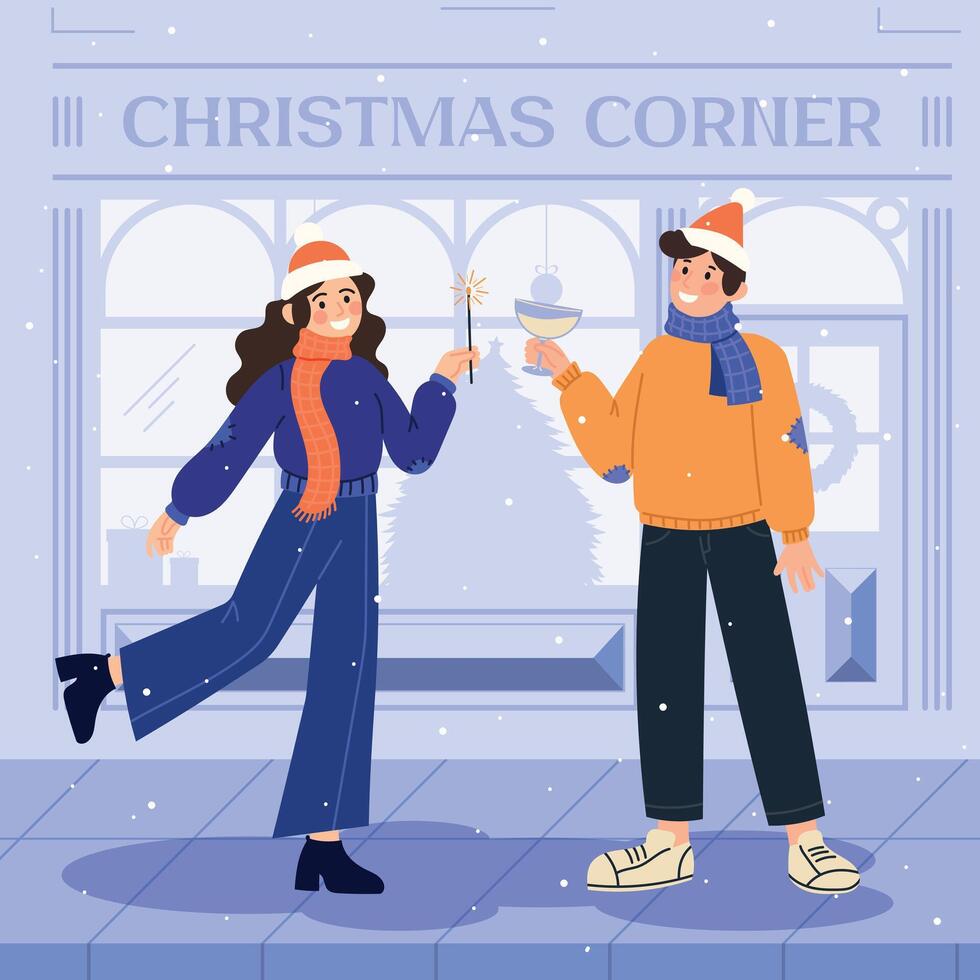 en invierno amantes tener divertido en el calle, ligero bengalas y bebida champán, Navidad plano personas vector