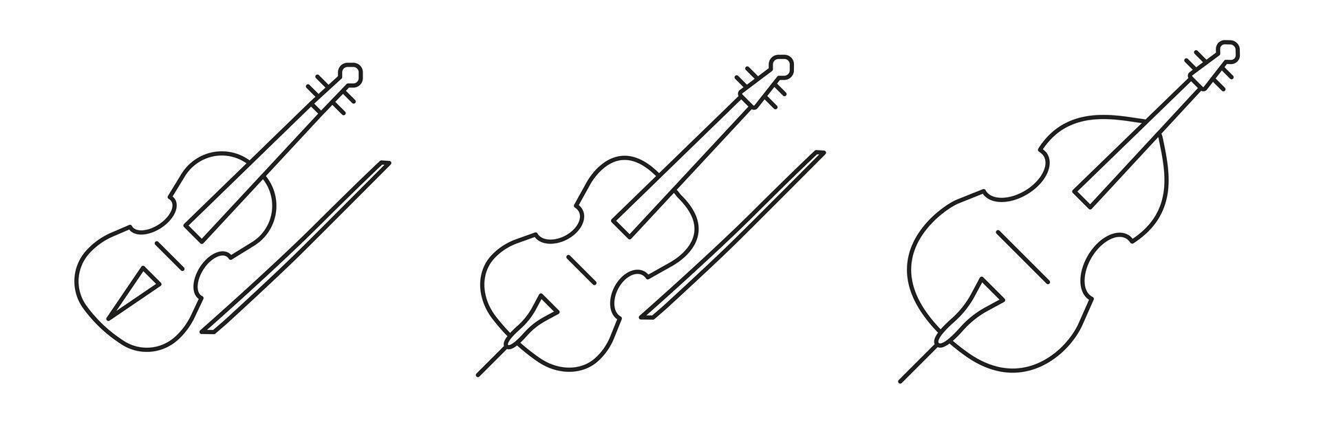Set of symphonic string musical instruments. Set of stringed instruments with title in thin line. vector