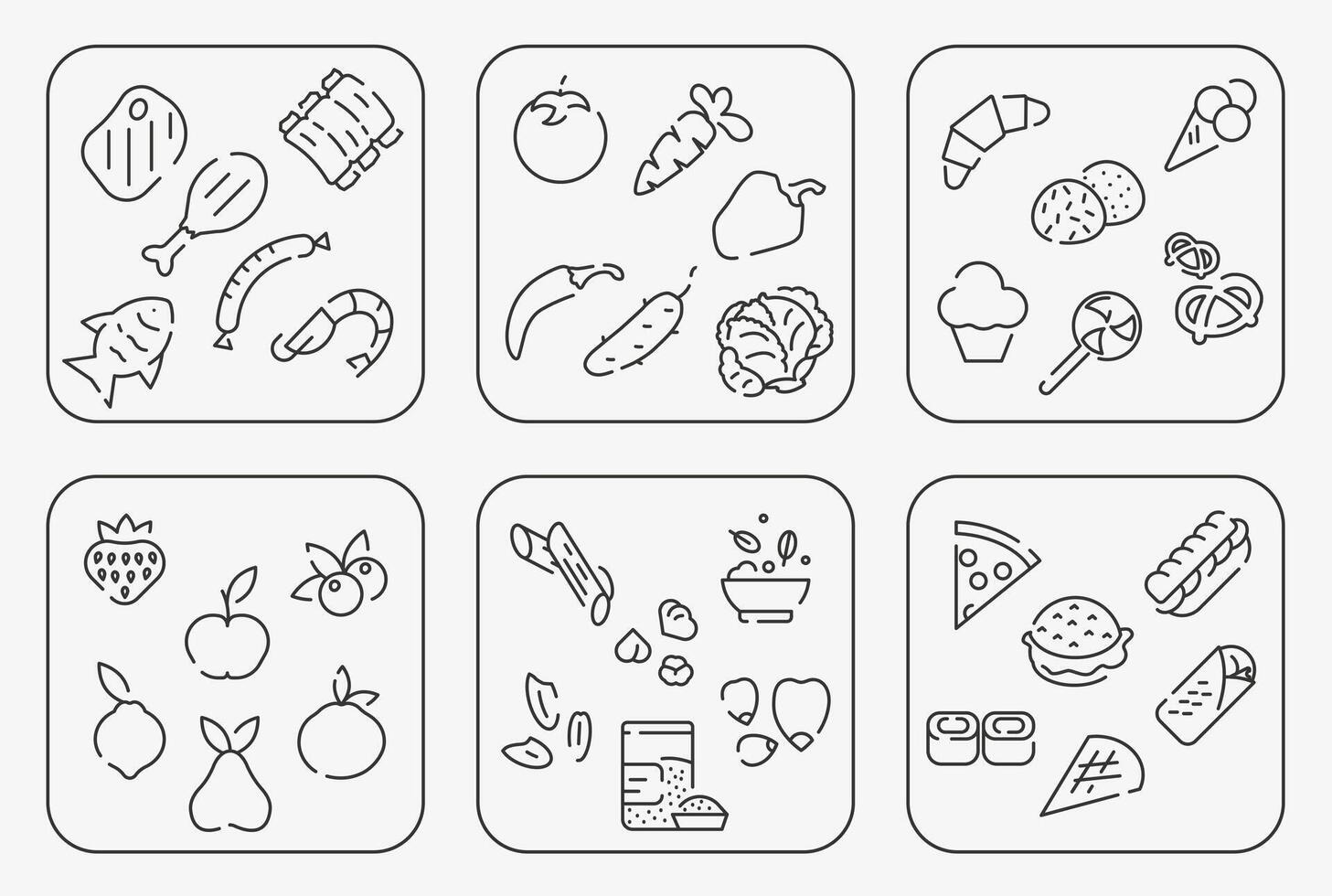 Market icons thin line with space. Supermarket symbols. Everything in the store and supermarket. vector