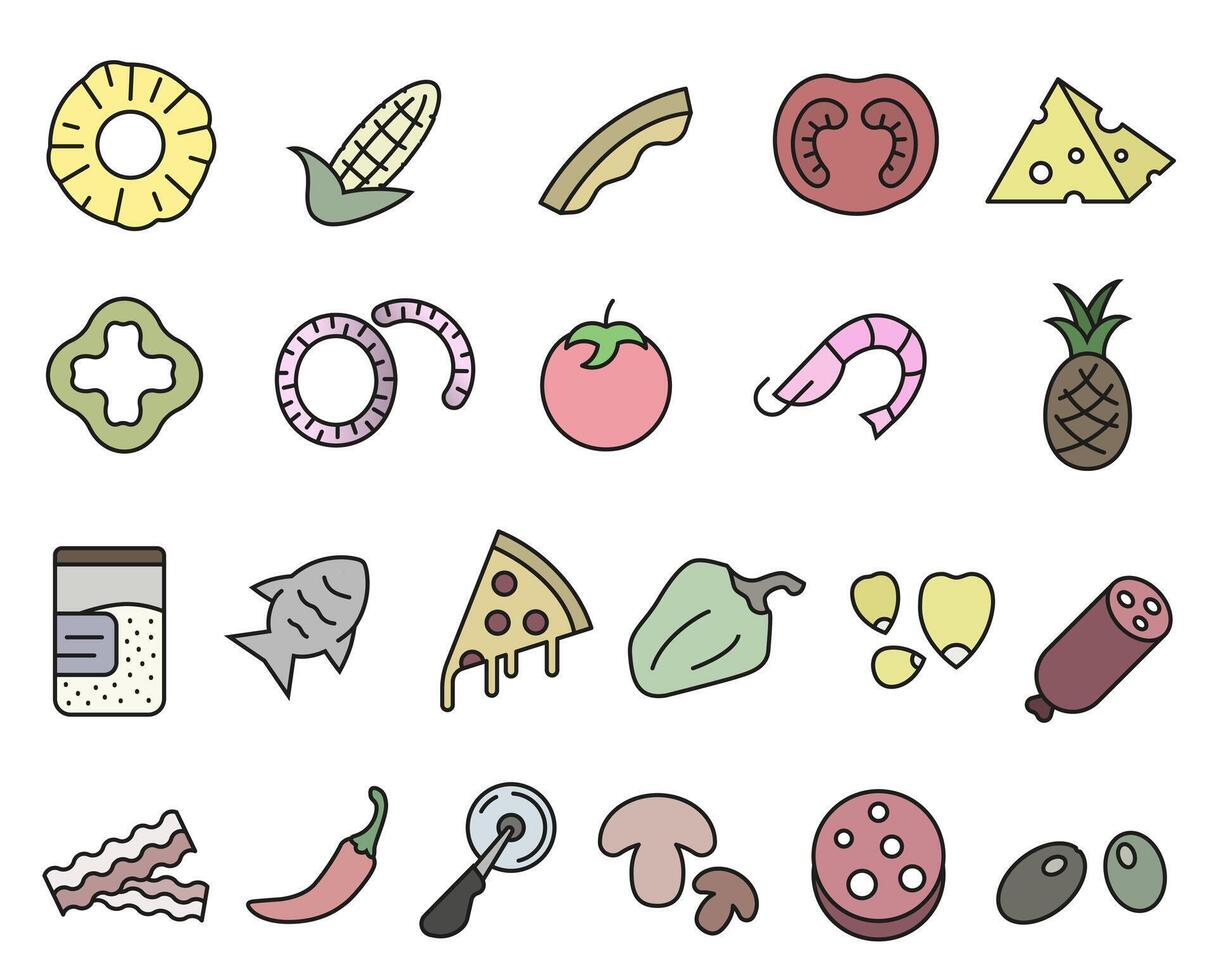 Quick lunch or dinner. Tasty Italian food colored icons with stroke. Pizza ingredients. Pizzeria icons. vector