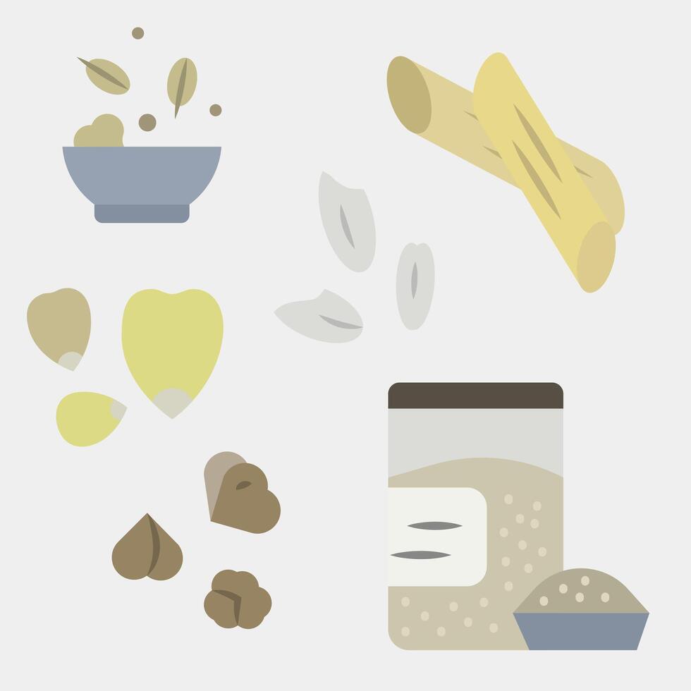 Colored icons of loose cereals. Pasta and porridge. Icons of nutritious cereals. vector
