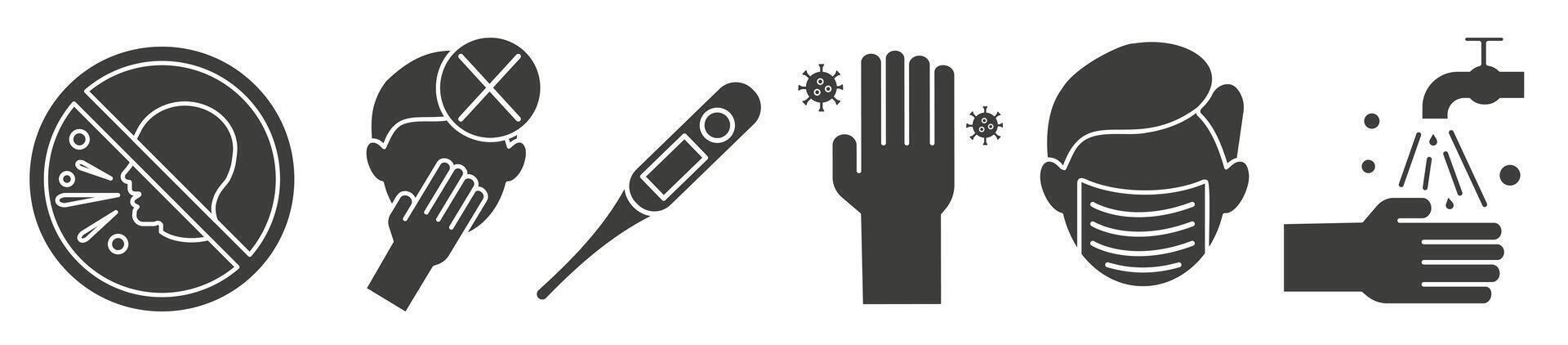 Common dark icons associated with the virus and its treatment. Virus and its treatment. vector