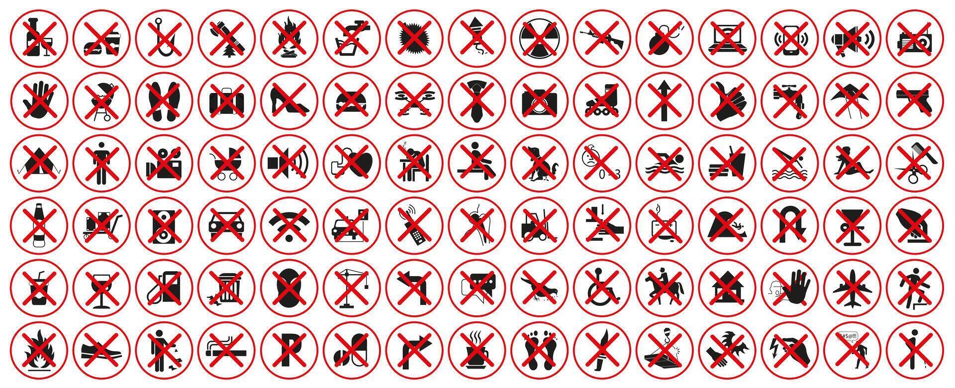Prohibitory signs. Different types of prohibiting signs. Prohibition of using public property. vector