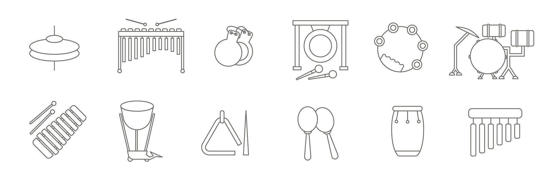 Thin line set of percussion musical instruments. Percussion instruments with a name. vector