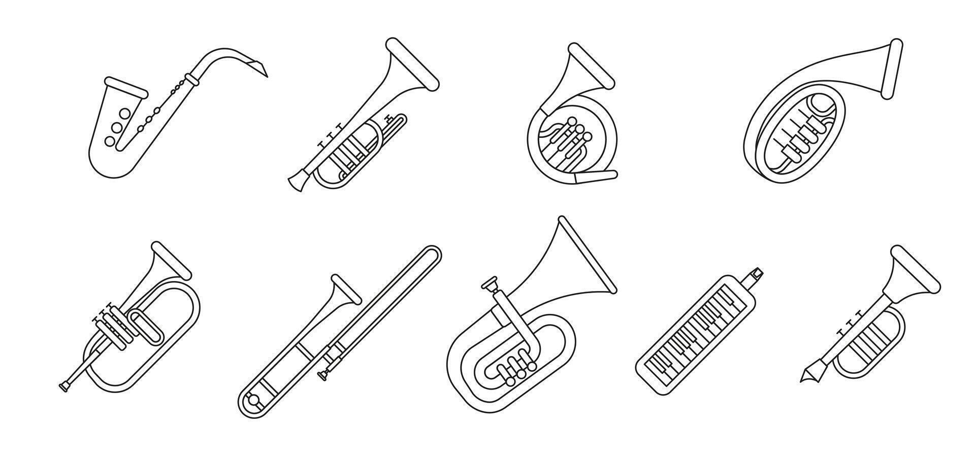 Wind musical instruments with the name in a thin line. Set of wind musical instruments. vector