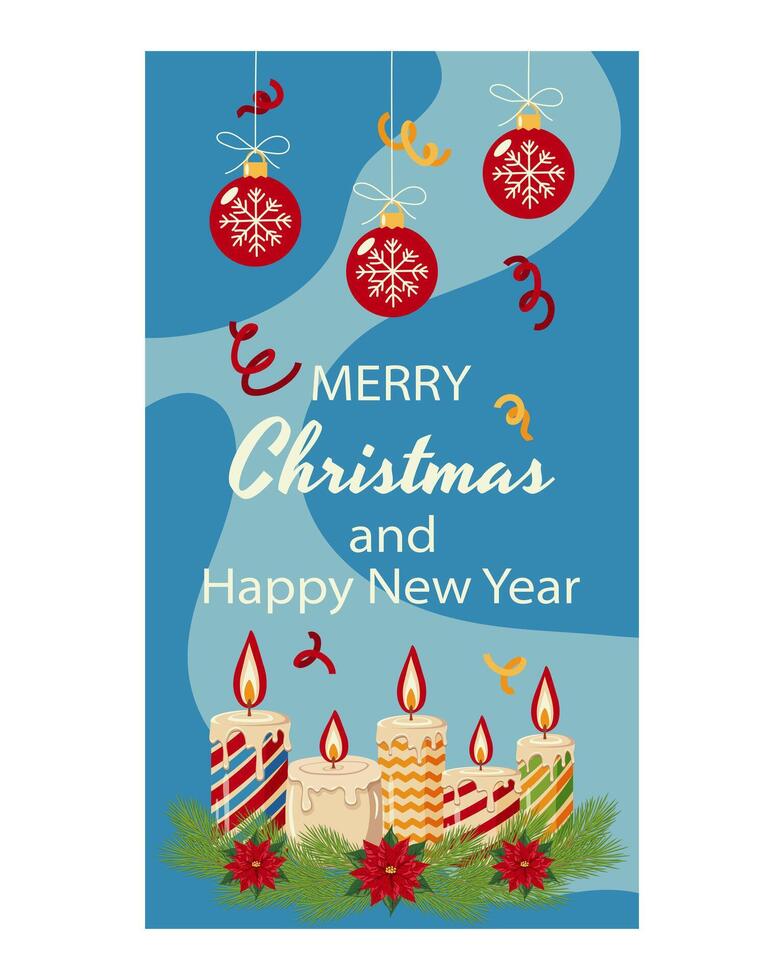 Merry Christmas and Happy New Year background for social media post with decorative candles and red balls. Holiday design concept for sale, frame, card, banner, web advertising. vector