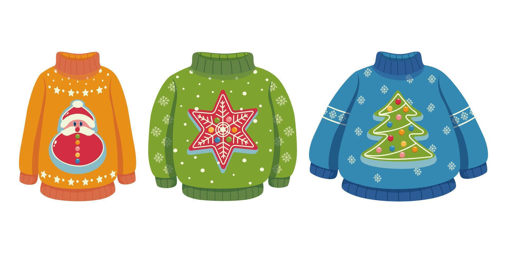 Collection of Christmas ugly sweaters featuring designs of Santa, snowman, star, and Christmas tree. Colorful illustrations on a white background. Perfect for winter holiday fashion. vector
